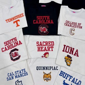 May include: A collection of white and black t-shirts featuring college and university names and logos. The shirts display names like "Union College," "Tennessee," and "South Carolina" in various colors and fonts. The shirts are neatly arranged.