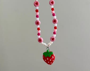 Strawberry Phone Charm | Cute Beaded Phone Strap | Pink Coquette Kawaii Phone Accessory | Girly Summer Phone Charm | Gift for Her