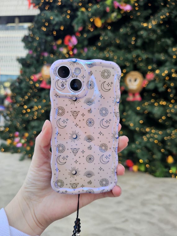 Celestial Phone Case, Lilac / Black with Wavy Border | Shockproof TPU Material | Super Shine iPhone Case | Astrology Phone Accessories