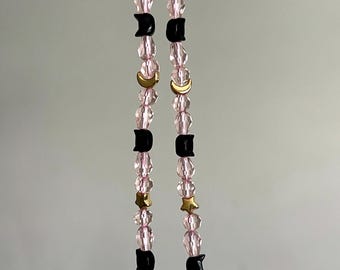 Celestial Cat Phone Strap | Pink Crystal Beaded Phone Charm with Stars & Moons | Dainty and Shine