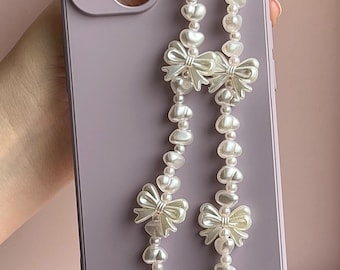 Faux Pearls & Bow Beaded Phone Strap / Charm / Chain  | Cute Mobile Accessory, Phone Lanyard | Dainty and Shine