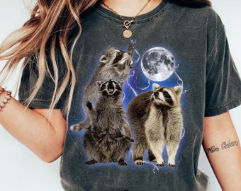 Drei Waschbären Vintage-Shirt, Retro-Waschbär-Mond-T-Shirt, lustiges Waschbär-Liebhaber-T-Shirt, übergroßes gewaschenes T-Shirt, lustiges T-Shirt