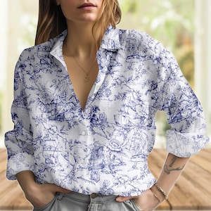 Toile De Jouy Blouse Shirt, Vintage Women Shirt, French Style Floral Shirt, Cottagecore Shirt For Women, Birthday Gifts For Her
