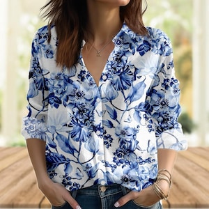Retro Floral Flowers Linen-Look Shirt, Vintage Navy Botanical Blouse Shirt, Cottagecore Garden Women Shirt, Birthday Gifts For Her