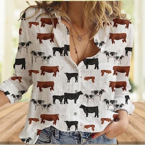 Kuh Muster Lässiges Shirt, Kühe Leinen-Look Shirt, Lustiges Bauern Shirt, Love Cow Damen Bluse, Tier Shirt, Kuh Liebhaber Shirt, Geschenk für Sie