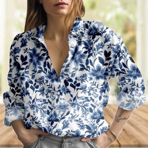 Vintage Floral Blouse Shirt, Retro Blue And White Women Shirt, Elegant Women Button Shirt, Romantic Cottagecore Shirt, Gifts For Her