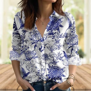 Vintage Blue Floral Linen-Look Shirt, Navy Botanical Shirt, Summer Cottagecore Casual Shirt, Nature Lovers Shirt, Birthday Gifts For He