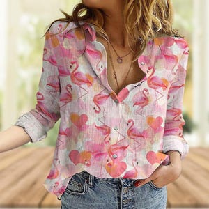 Flamingo Linen-Look Shirt, Bird Women Shirt, Animal Lover Shirt, Pink Flamingo Blouse Shirt, Summer Shirt, Button Up Shirt Gift For Her