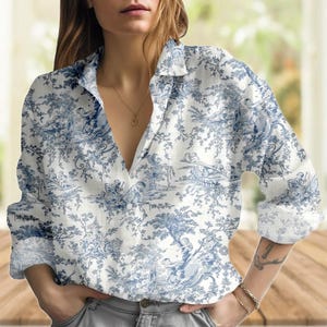 French Toile Blouse Shirt, Vintage Blue And White Women Shirt, Elegant Women Button Shirt, Romantic Cottagecore Shirt, Gifts For Her