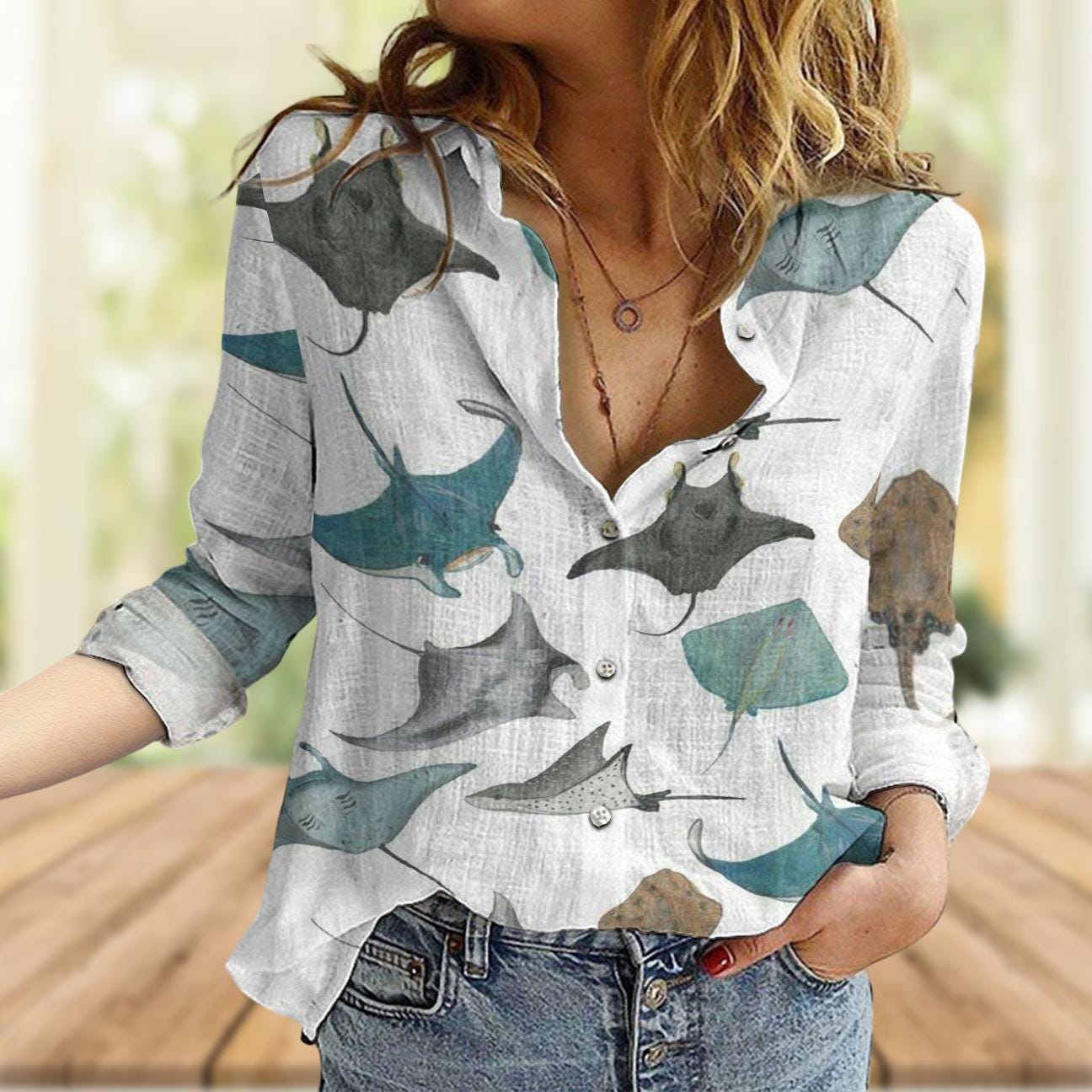 Discover Sea Animal Blouse Shirt, Manta Ray Anatomy Shirt, Ocean Ray Women Shirt, Manta Ray Linen-Look Shirt, Ocean Animal Shirt, Gift For Her