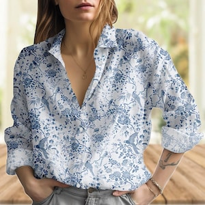 Retro Bird Floral Linen-Look Shirt, Vintage Blue White Women Shirt, Gardening Blouse Shirt, Cottagecore Romantic Shirt, Gift For Her