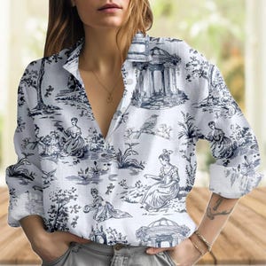 Toile De Jouy Blouse Shirt, Vintage Scenic Women Shirt, French Cottagecore Casual Shirt, Victorian Style Shirt For Women, Gifts For Her