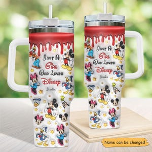 Custom Just A Girl Who Loves Disney Tumbler 40Oz, Mickey and Friends Cartoon Coffee Cup, Disneyworld Insulated Tumbler, Disneyland Gift