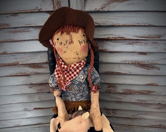 MUSTARD SEED ORIGINALS-Primitive Dolls-Raggedy Ann-Primitive Raggedy Ann-Cowboy-Raggedy-Handmade-Country Western-Handmade Ragged-Dolls-Art