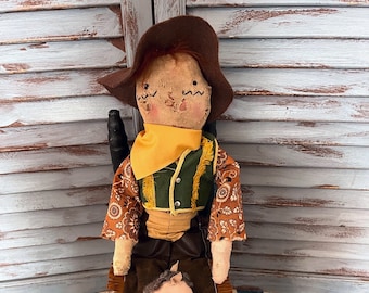 MUSTARD SEED ORIGINALS-Primitive Dolls-Raggedy Andy-Primitive Raggedy Andy-Cowboy-Raggedy-Handmade-Country Western-Handmade Ragged-Dolls-Art