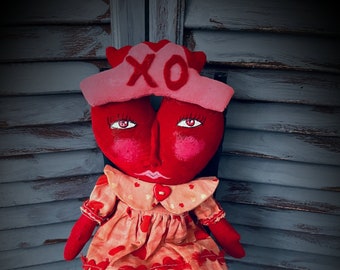 MUSTARD SEED ORIGINALS-Primitive Valentine Doll-Handmade Cloth Valentine Doll-Dolls-Red Valentine Heart-Heart Shaped Doll-Primitive Heart