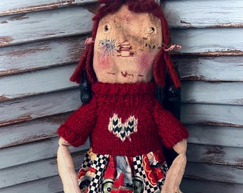 MUSTARD SEED ORIGINALS-Valentines-Valentines Day-Vintage Raggedy Ann-Raggedy Ann-Old Worn Valentine-Rag Dolls-Rag Doll-Dolls-Doll-Art Dolls