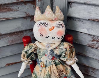 MUSTARD SEED ORIGINALS-Winter Decor-Primitive-Snowman-Snow Lady-Handmade Snow Lady-Snow-Winter Dolls-Doll-Dolls-Snow Ball-Snowflake-Blue