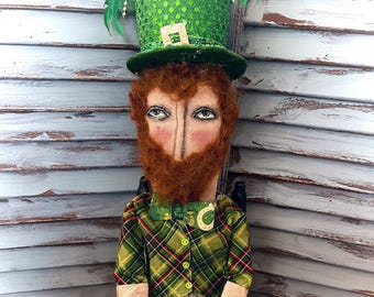 MUSTARD SEED ORIGINALS-Leprechaun-Irish-Green-Luck of the Irish-Shamrocks-Four Leaf Clover-Handmade Doll-Dolls-Art Dolls-March 17, Ooak,