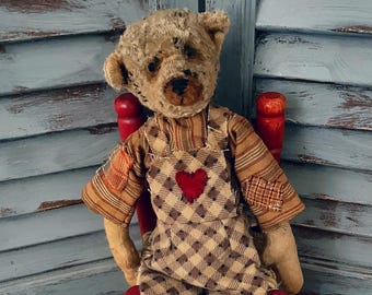 MUSTARD SEED ORIGINALS-Primitive-Teddy Bear-Bear-Primitive Bear-Artists Bear-Handmade Bear-Handmade Teddy-Antique Teddy Bear-Worn Torn Bear