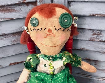 MUSTARD SEED ORIGINALS-Primitive Raggedy Ann-Raggedy Ann-Green-St Patricks Day-Irish-Kiss Me-Shamrock-Four Leaf Clover-Handmade Raggedy-Doll