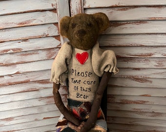 MUSTARD SEED ORIGINALS-Primitive Teddy Bear-Teddy Bear-Handmade Teddy Bear-Handmade Bear-Primitive Bears-Bears-Teddy-Antique Teddy Bear-Doll