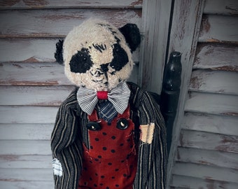 MUSTARD SEED ORIGINALS-Primitive Bear-Primitive Doll-Panda Bear-Handmade Doll-Handmade Bear-Collectible Bear-Vintage Teddy Bear-Teddy Bear