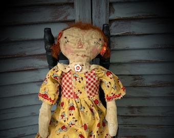 MUSTARD SEED ORIGINALS-Primitive Doll-Primitive Raggedy Ann Doll-Paper Dolls-Dolls--Vintage Raggedy Ann-Handmade Dolls-Raggedy Ann Doll-Art