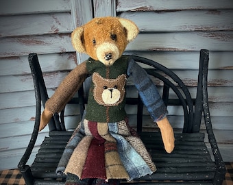 MUSTARD SEED ORIGINALS-Primitive Bear-Bear-Bear Doll-Teddy Bear-Primitive Teddy-Primitive Teddy Bear-Old Teddy Bear-Handmade Teddy Bear-Art