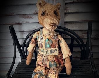MUSTARD SEED ORIGINALS-Primitive Bears-Panda Bear-Handmade Bear-Teddy Bears-Vintage-Bears-Collectible Bear-Shabby Chic-Teddy-Handmade Teddy