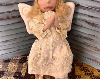 MUSTARDSEEDORIGINALS-Primitive-Primitive Angel-Angel Doll-Dolls-Paperclay-Handsculpted-Angelic-Doll-OOAK-Collectible-Early Americana-Rustic
