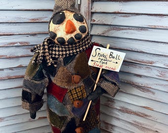 MUSTARD SEED ORIGINALS-Snowman Doll-Primitive Snowman-Snowman Dolls-Dolls-Winter Snowman Doll-Standing Snowman Doll-Handmade Snowman-Artist