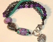 Handmade Purple and Turquoise Lampwork Bead Four Strand Bracelet with Jade, Hemetite, Turquoise and Crystal Beads on Black Waxed Linen Cord