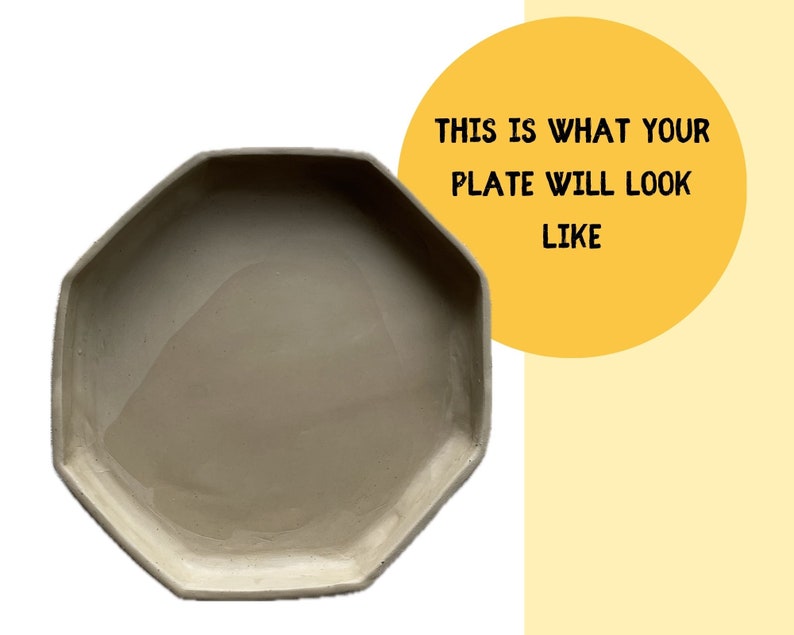 May include: A light gray octagonal ceramic plate. The plate is smooth and has a slightly textured surface. "This is what your plate will look like" is written in black text on a yellow circle.