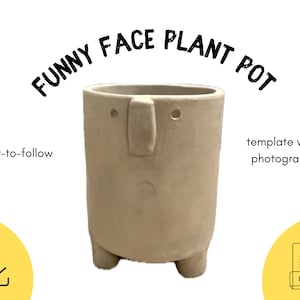 Könnte beinhalten: Ein beiger Keramik-Pflanztopf in Form eines Gesichts mit zwei Augen, einer Nase und einem Mund. Der Topf steht auf einem weißen Hintergrund mit dem Text "FUNNY FACE PLANT POT" darüber und "easy-to-follow" darunter. Der Text "template with photographs" befindet sich auf der rechten Seite des Bildes. Auf der linken Seite des Bildes befindet sich ein gelber Knopf mit einem Download-Pfeil und auf der rechten Seite ein gelber Knopf mit einem PDF-Symbol.
