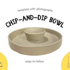 May include: A beige ceramic chip and dip bowl with a separate compartment for dip. The bowl is handmade and has a rustic, textured finish. The text "CHIP-AND-DIP BOWL" is written in black letters on a white background.