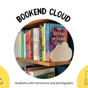 May include: White cloud-shaped bookends holding up a bookshelf with a variety of books. The bookends are on a wooden shelf. The books include "The Seven Moons of Maali Almeida" and "The Vintage Bradbury".
