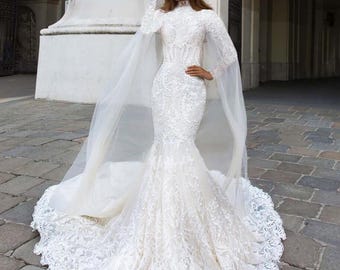 SALE: 850USD ONLY! Best-selling Modest Mermaid Wedding Dress / Bridal Gown! Luxury by Unique Modest Bridal. Body Hugging. Customizable!