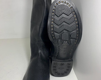 Vintage Sovjet leren militaire laarzen (maat 45). Officiersleer zwarte jackboots USSR. Russische legerlaarzen