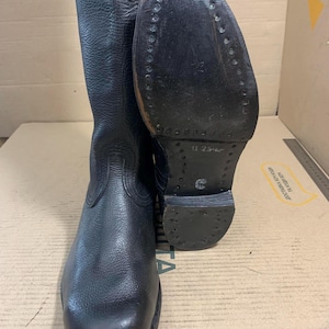 Vintage Sovjet leren militaire laarzen (maat 44). Officiersleer zwarte jackboots USSR. Russische legerlaarzen