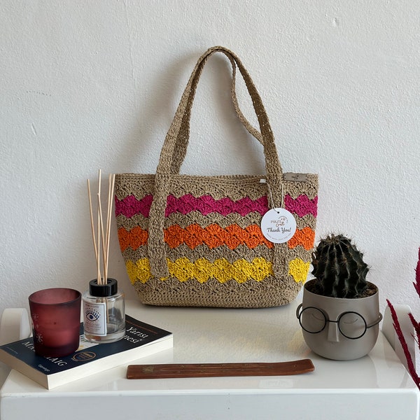 sac fait main, sac en raphia, sac au crochet, sac fourre-tout en raphia, sac panier, sac en paille, sac tricoté en couleur, sac de plage en corde de papier