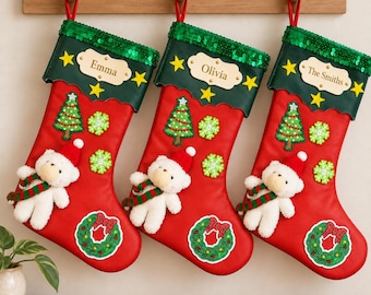 Personalized Christmas Stocking Custom Name Embroidered Holiday Stocking Red Green Xmas Decor Family Gift Kids Fireplace Hanging