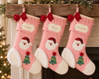 Personalized Christmas Stocking, Pink Santa Stocking with Name, Custom Holiday Stockings for Kids, Cute Christmas Decor Gift