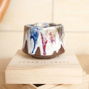 Handmade Espresso Coffee  Ceramic Cup Japanese Style Red and Blue Glazed