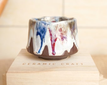 Handmade Espresso Coffee  Ceramic Cup Japanese Style Red and Blue Glazed