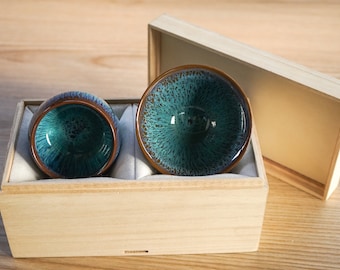 Handmade Ceramic Tea Cup Set: Unique Patterned Coffee Cups in Wooden Box