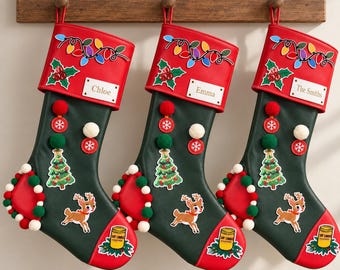 Personalized Leather Christmas Stocking, Handmade Holiday Stocking, Custom Name Gold Foil Stocking, Luxury Christmas Decor, Family Gift
