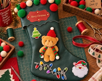 Personalized Christmas Stocking Handmade Leather Holiday Stocking Custom Gold Foil Name Christmas Decor Gift for Family Kids