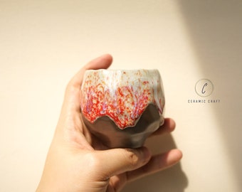 Holiday gifts Handmade Japanese Shinoware Ceramic Espresso Cup: Red & Yellow Glaze
