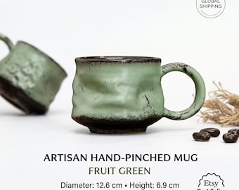 Artisan Hand-Pinched Ceramic Mug – Fruit Green Pottery Coffee Cup (235ml)